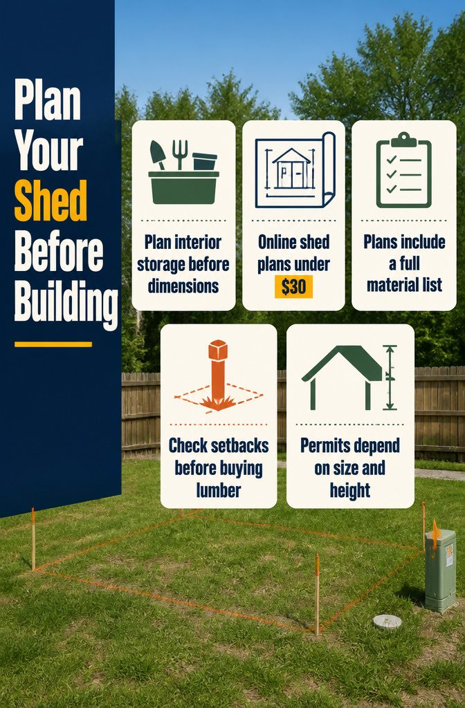 How to Make a Shed: 10 Steps from Site Prep to Finish 2 Shed planning graphic with interior storage ideas and a simple shed illustration
