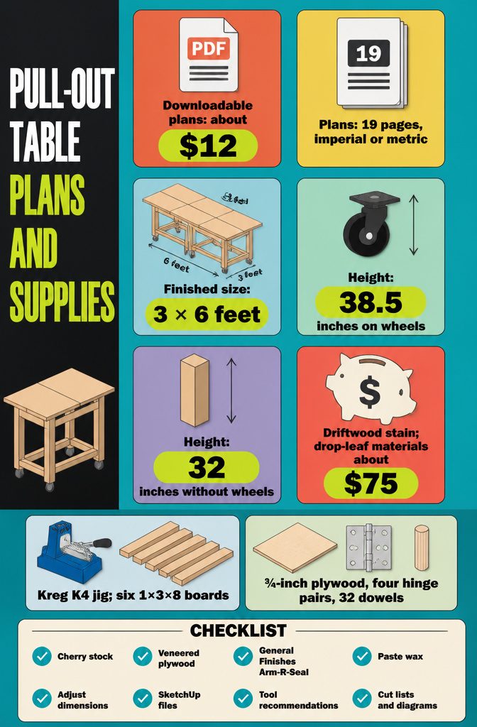 Table project supplies with plywood sheet hinges dowel pins and pocket-hole jig