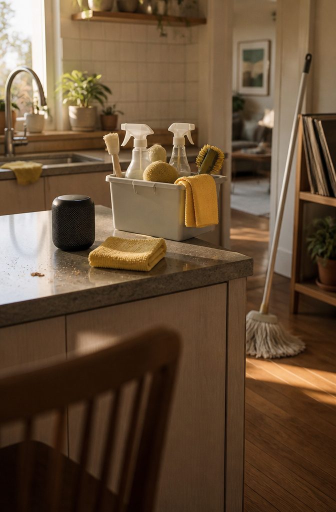 Headphones and a phone beside cleaning supplies in a home