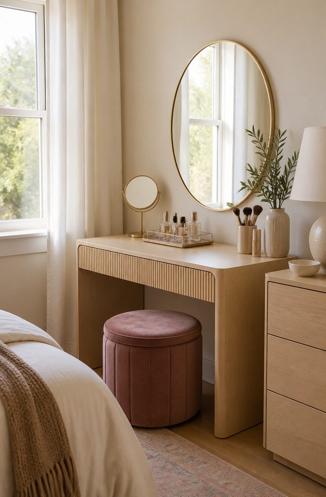 Plush ottoman positioned next to a tidy vanity setup.