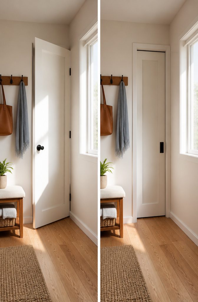 10 Tiny Home Space Saving Ideas: Storage and Layout Solutions 12 A pocket door in a hallway, allowing for more usable floor area.
