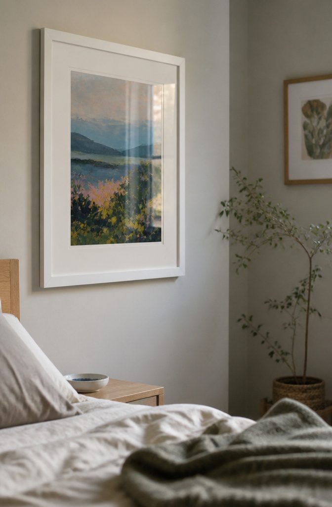 How to Display Trinkets: 18 Ideas for Every Space 6 Colorful landscape print in a white wood frame with a broad mat
