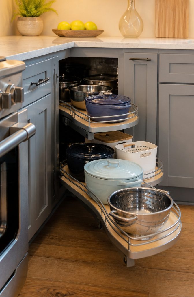 11 End Corner Kitchen Cabinet Ideas That Maximize Space 8 Pull-out shelves sliding out from a blind corner cabinet with kitchen items.