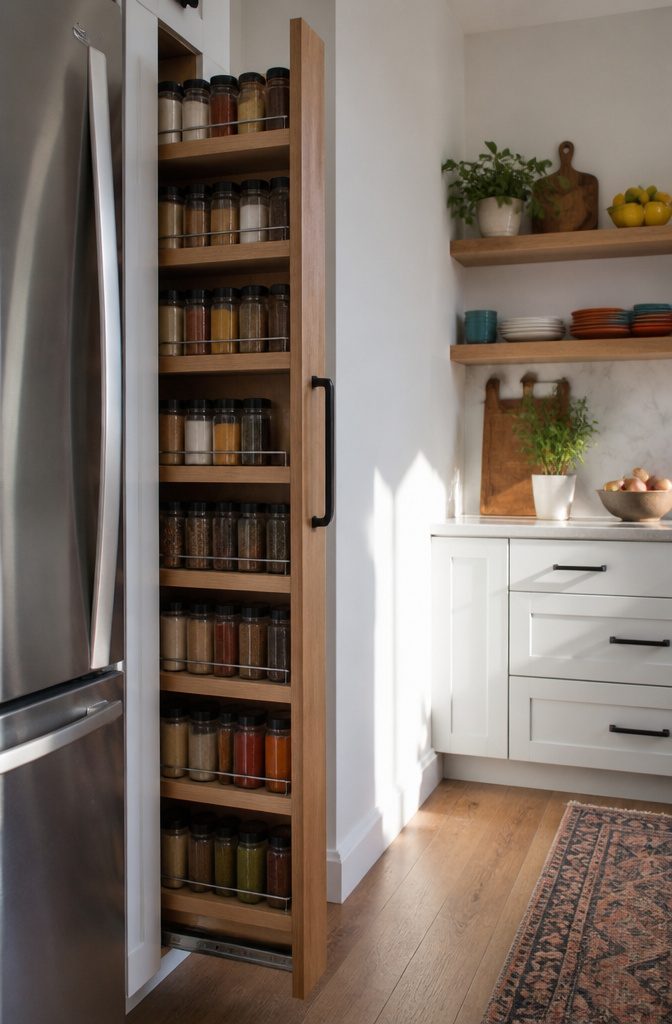 A pull-out spice cabinet displaying neatly arranged jars.
