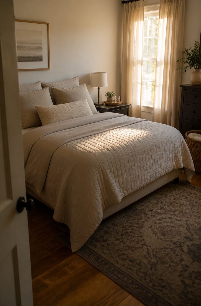 How to Deep Clean a Room: The Complete Checklist 9 Made bed with dry neutral bedding curtains and bedroom furniture