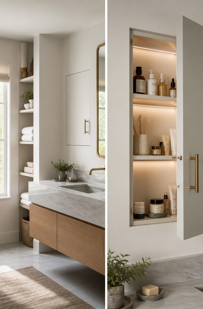 10 Built-In Bathroom Storage Ideas for 2026 2 A recessed medicine cabinet with LED lighting in a bathroom.