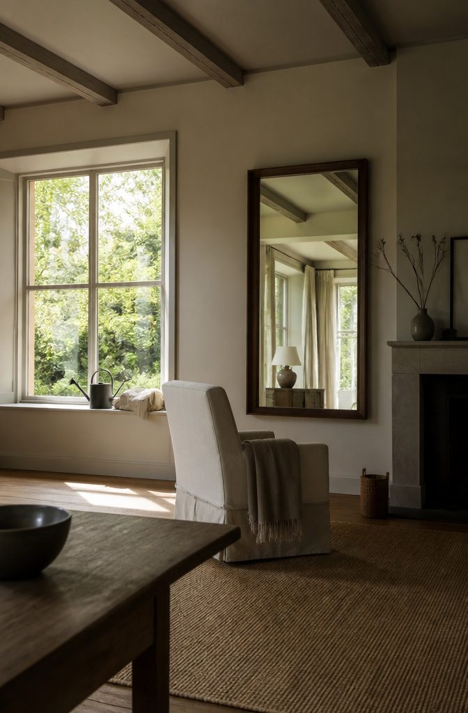 Wall mirror reflecting a bright window in a softly lit room