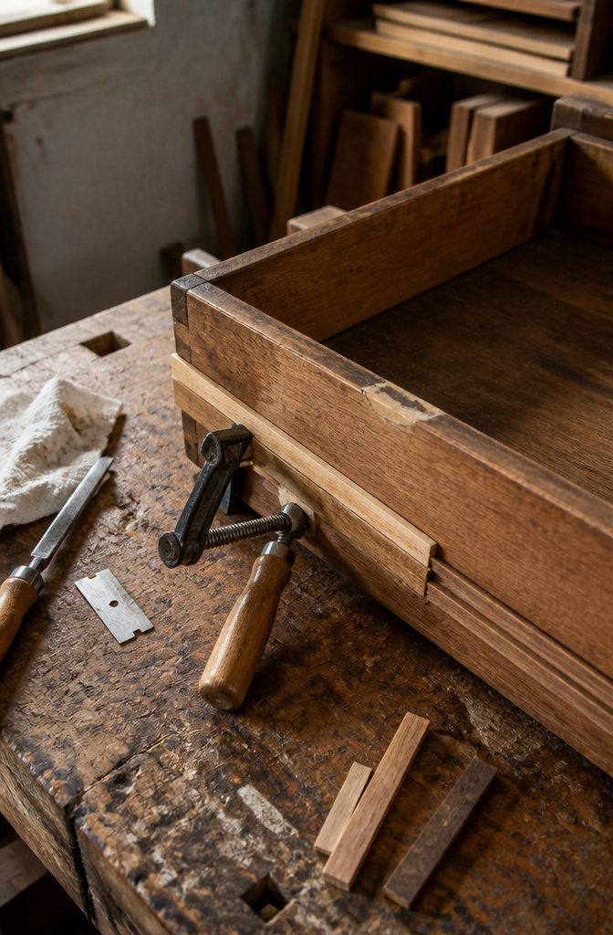How to Restore Furniture: 6 Steps to Refinish Any Piece 4 Loose wooden furniture joint secured with clamps beside wood glue