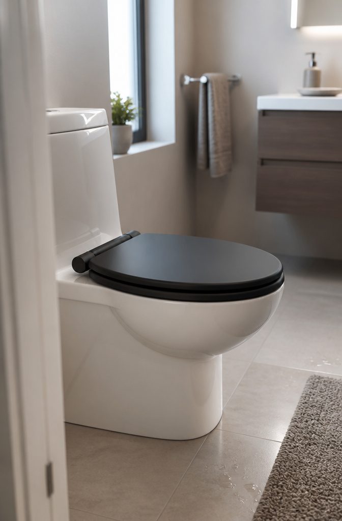 18 Ways to Style a Modern Bathroom 15 Matte black toilet seat fitted on a white porcelain toilet