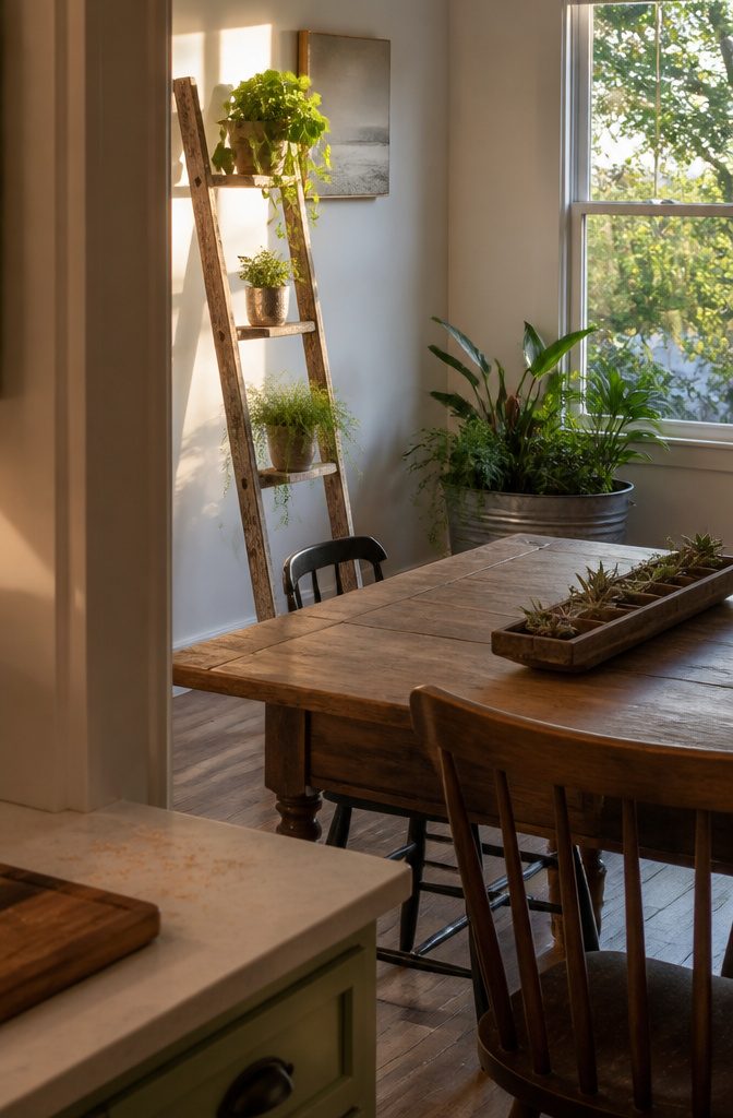 Old wooden ladder leaning against a wall with plants on its rungs