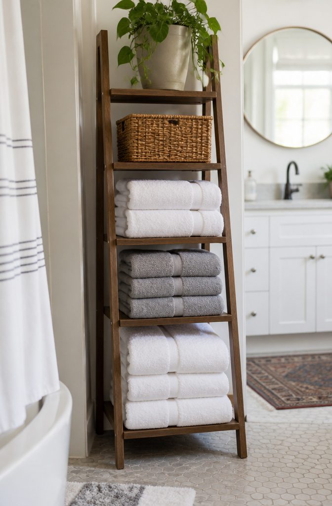 Rolled towels arranged in the slots of a wall-mounted wine rack