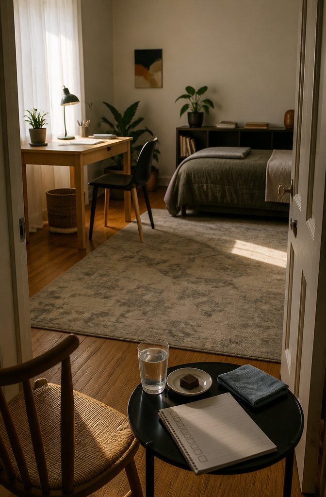 Chocolate on saucer beside blank checklist in bedroom with made bed
