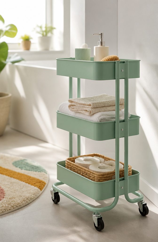10 Tiny Bathroom Storage Ideas to Maximize Every Inch in 2026 7 A rolling cart with three trays holding towels and cleaning supplies.