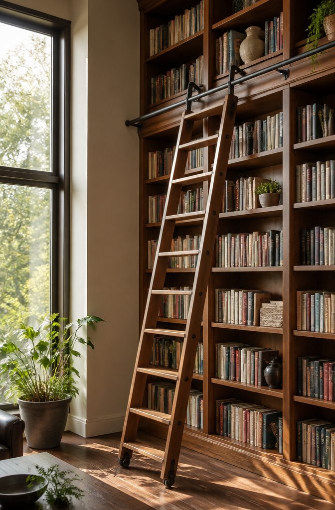A rolling library ladder on a multi-tiered bookshelf.