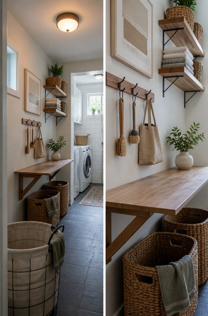 10 Ways to Organize Small Spaces That Actually Work 12 Small kitchen with wall-mounted rails, shelves, and a rolling storage cart