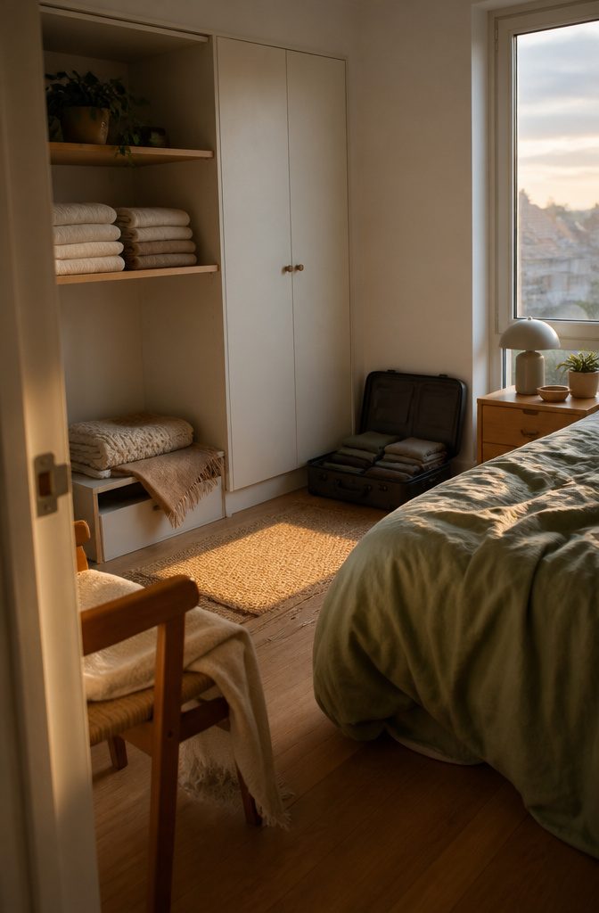 10 Ways to Organize Small Spaces That Actually Work 8 Under-bed box filled with blankets beside lighter linens on a shelf