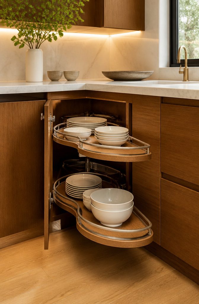 11 End Corner Kitchen Cabinet Ideas That Maximize Space 11 A rotating carousel cabinet showcasing organized plates and bowls.