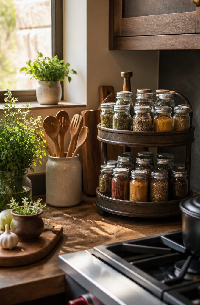 A rotating spice rack filled with jars on a kitchen counter.
