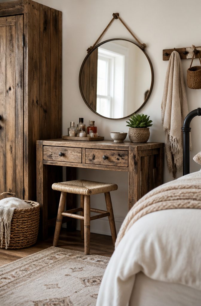 Rustic farmhouse vanity showcasing weathered wood and simple mirror.