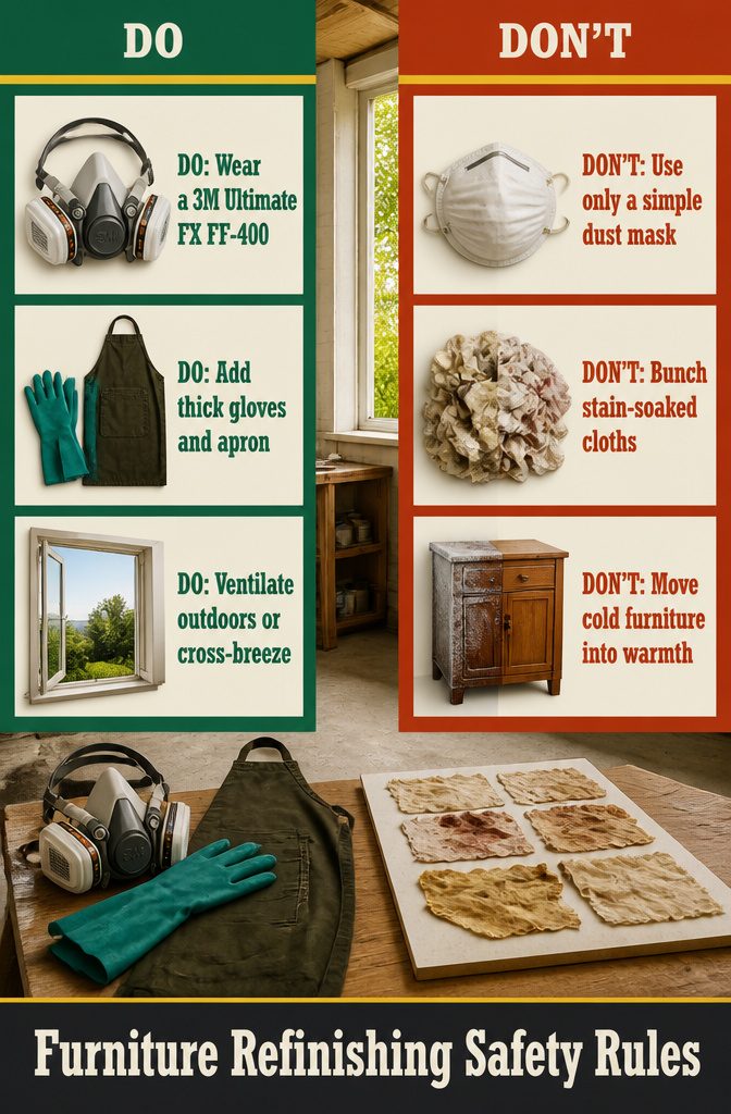 How to Restore Furniture: 6 Steps to Refinish Any Piece 12 Respirator, gloves, apron, and eye protection for furniture refinishing