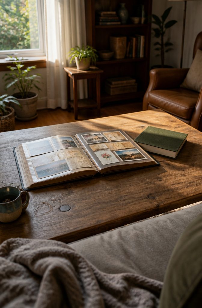 How to Display Trinkets: 18 Ideas for Every Space 8 Open scrapbook with postcards and ticket stubs on a wooden coffee table