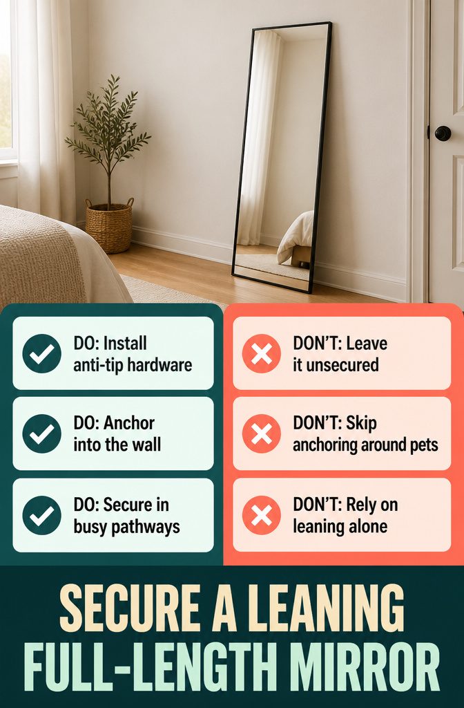 10 Ways to Decorate a Full Length Mirror in Any Room 13 Information graphic titled Secure a Leaning Full-Length Mirror with anti-tip hardware