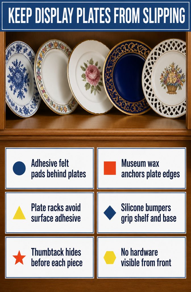 Felt pads sticky putty and plate stands shown for securing display plates