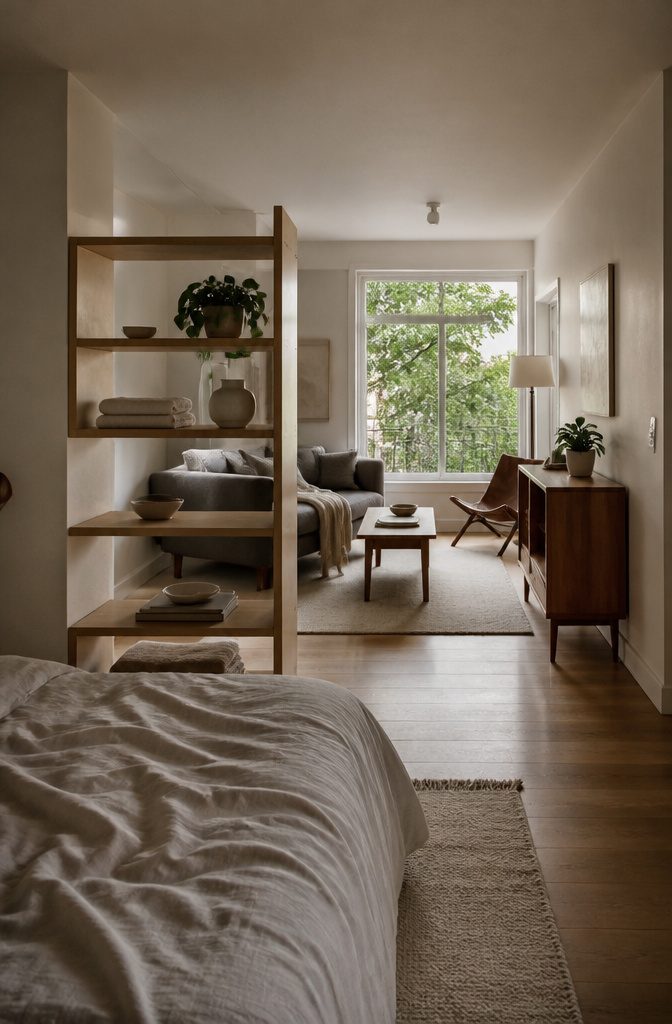15 Ways to Decorate Small Apartments That Feel Open 11 Open shelving divider between a studio bed and living area near a window