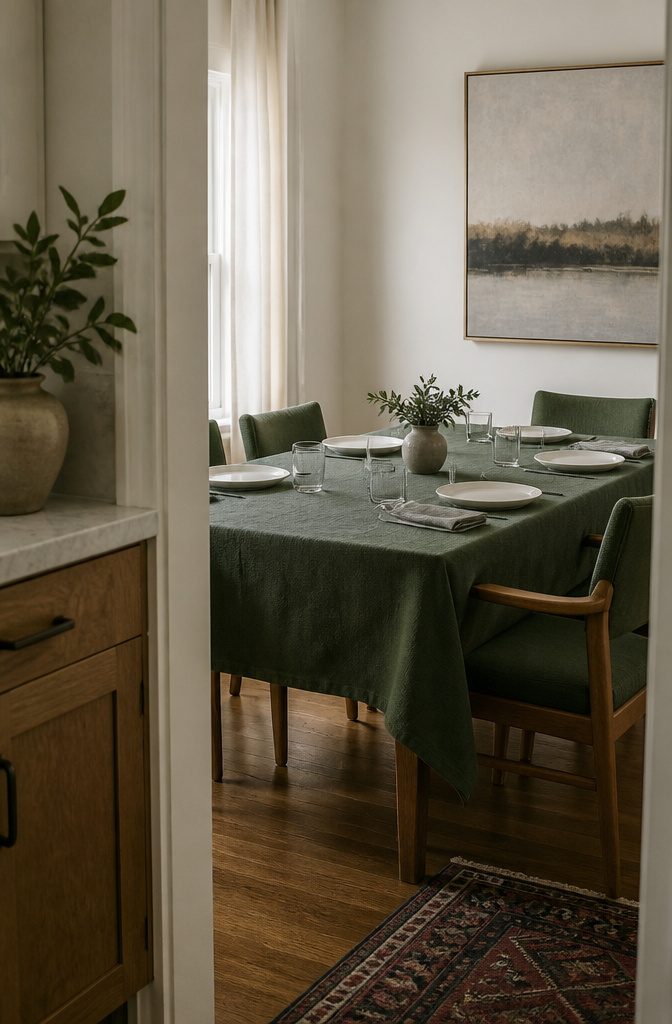 17 Ways to Decorate a Dining Table (With Style Tips) 7 Forest-green tablecloth with white plates gray napkins and clear glassware