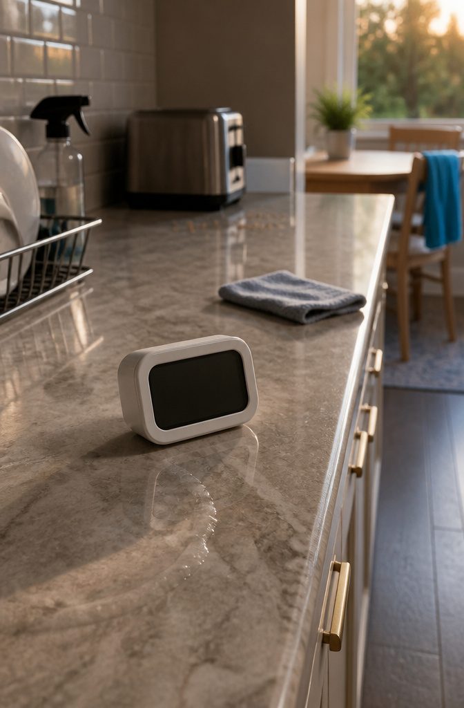 Kitchen timer beside a cloth and cleaning supplies on a counter