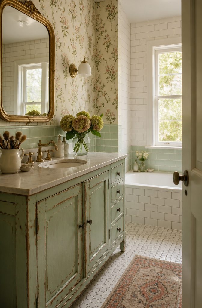 10 Cute Bathroom Ideas for Colorful, Playful Spaces (2026) 6 Bathroom featuring a vintage cabinet with marble countertops and subway tiles.