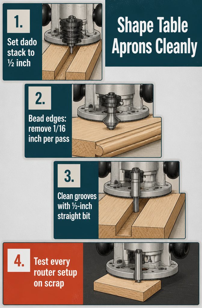 Wood table aprons with sliding grooves and routed decorative edges