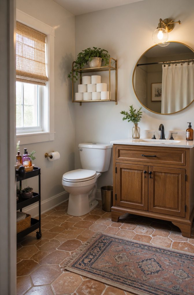 Floating shelves above a toilet holding toiletries and a small planter.