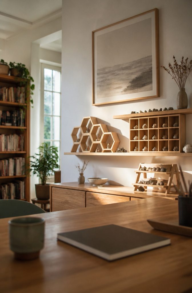 How to Display Trinkets: 18 Ideas for Every Space 3 Open shelving with grid and hexagonal compartments