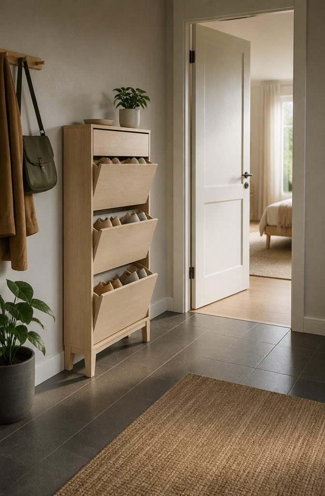 6 Efficient Storage Ideas to Declutter Any Room in 2026 3 A narrow shoe cabinet from IKEA placed against a wall.