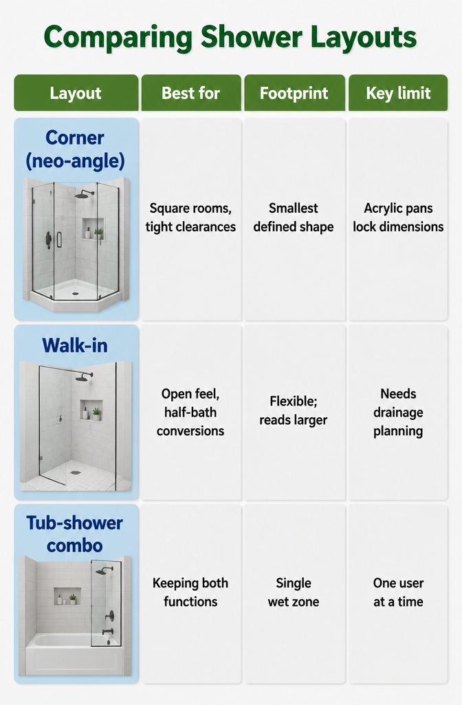 10 Small Bathroom Shower Ideas for 2026 Renovations 12 Information image comparing different shower layout designs.