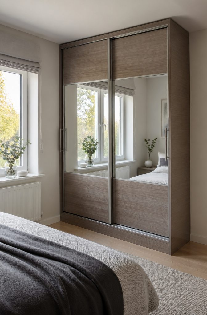 10 Bedroom Cabinet Ideas to Organize and Complete a Room in 2026 2 A sliding door cabinet with mirrored panels in a compact bedroom.