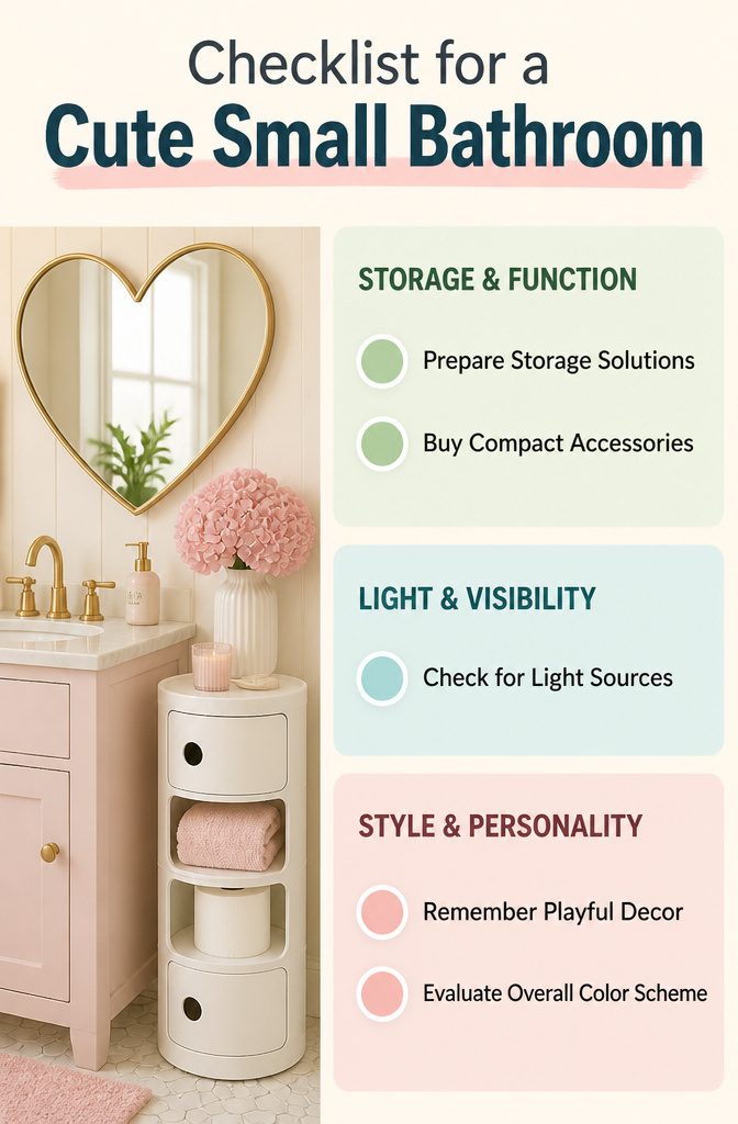 10 Cute Bathroom Ideas for Colorful, Playful Spaces (2026) 14 Small bathroom with creative storage solutions and a heart-shaped mirror.