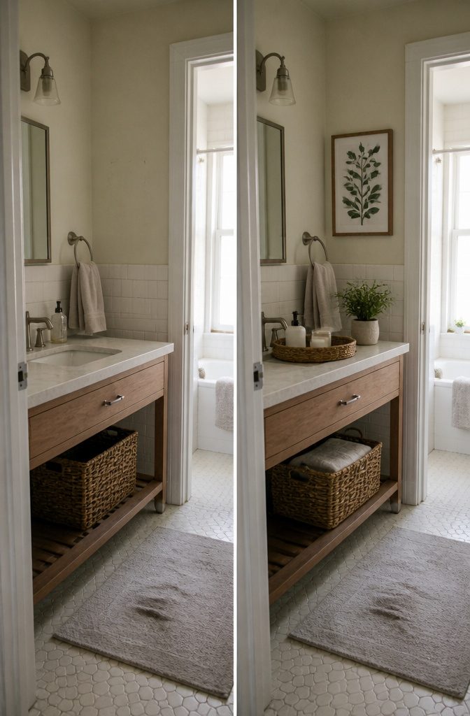 19 Ways to Style a Bathroom Without a Full Remodel 21 Bathroom with a vanity tray, potted plants, wall art, and woven baskets