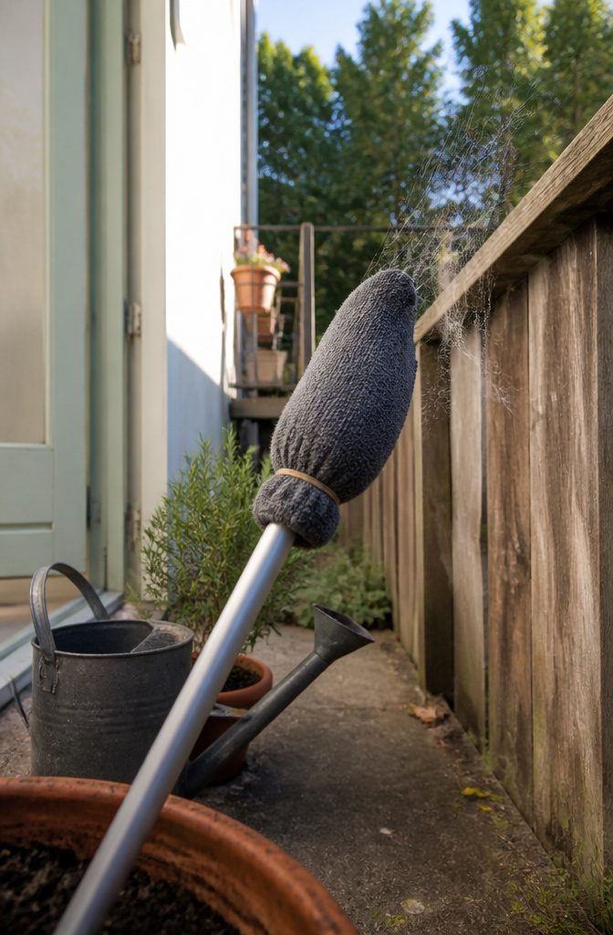 Old sock secured with a rubber band to a long extension pole
