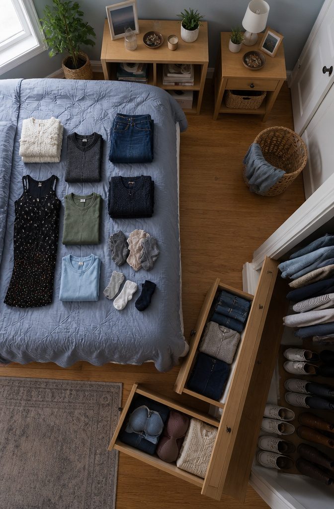 How to Clean Your Room: 6 Steps to a Spotless Bedroom 3 Clothes sorted into piles beside drawers and hangers in a bedroom