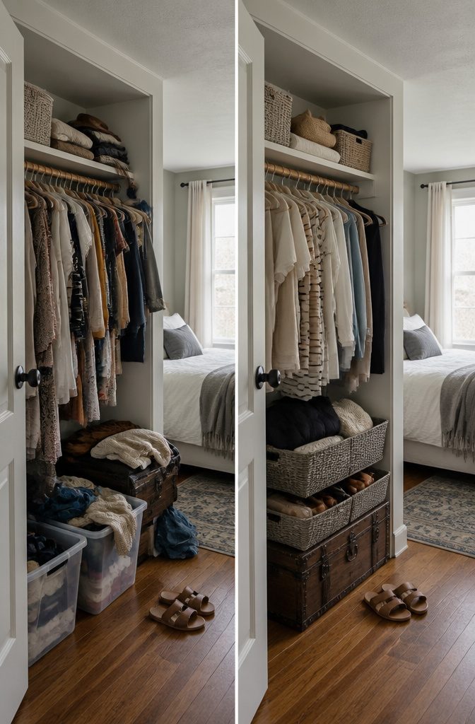 12 Ways to Organize Your Bedroom and Keep It That Way 5 Closet with clothes and storage bins arranged by season