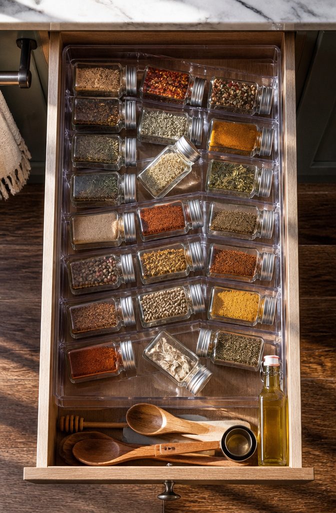 Angled drawer inserts filled with labeled spice jars.
