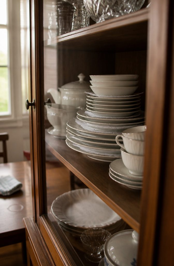 Stacks of plates and bowls with coffee filters between dishes on a cabinet shelf