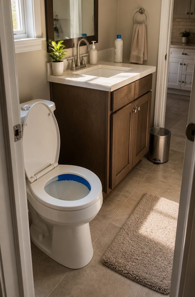 Cleaning products beside a toilet and kitchen stovetop