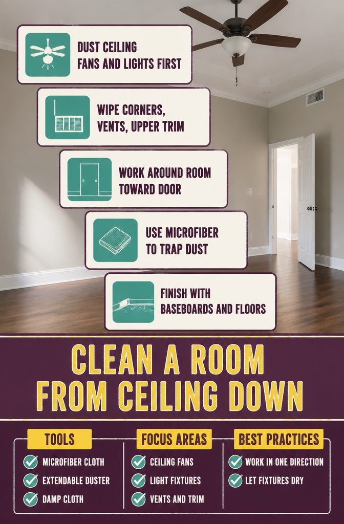New House Cleaning Checklist: Prep Before You Move In 4 Ceiling fan and overhead light fixtures above a room being cleaned