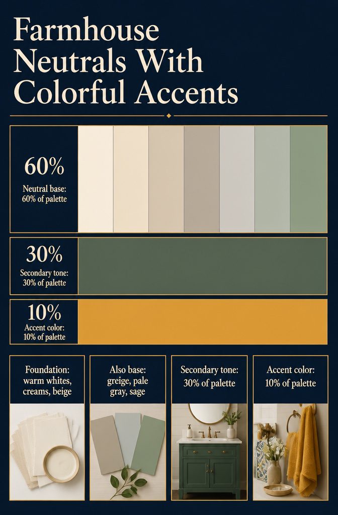 Farmhouse color palette graphic with neutral tones and colorful accent swatches