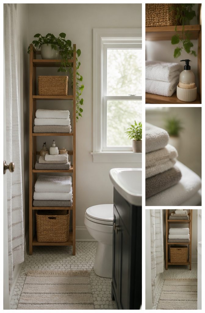 Rolled towels in a floor basket beside a bathroom vanity