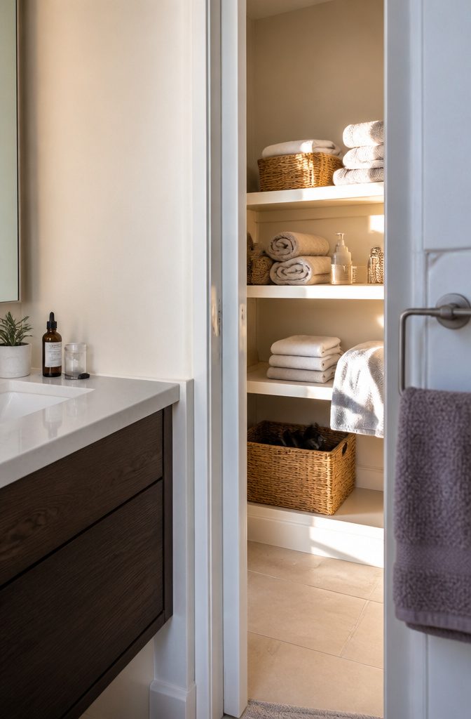 15 Ways to Organize a Small Bathroom Without Wasting Space 15 Open linen closet shelves with rolled towels spare bottles and a basket of hair tools