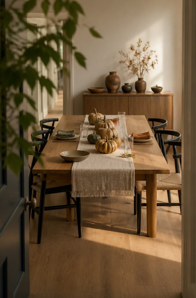 17 Ways to Decorate a Dining Table (With Style Tips) 10 Warm-toned gourds arranged along a neutral linen table runner